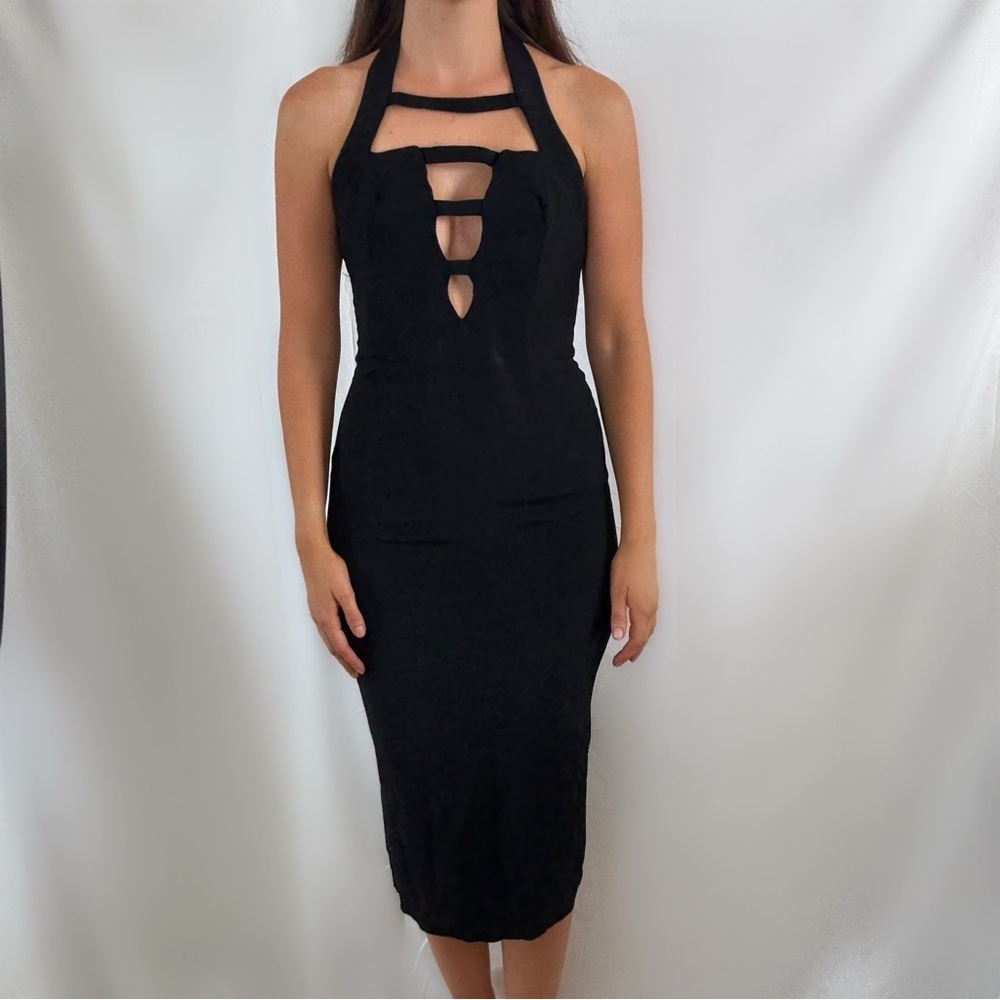 Vintage Nicole Miller 90s black cage dress midi bodycon formal evening lbd Y2K